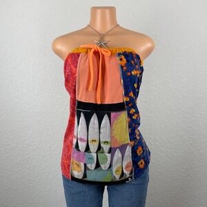 Vintage Strapless Patchwork Tie Front Sleeveless Top